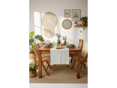 Premium Keten Adaçayı Yeşili Püsküllü Runner Masa Örtüsü(45 x150)
