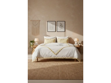 BATTAL Boy Beyaz Keten Çoklu Püsküllü Nevresim Seti