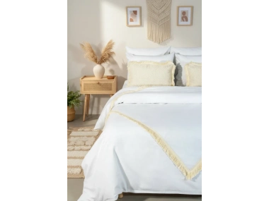 BATTAL Boy Beyaz Keten Çoklu Püsküllü Nevresim Seti