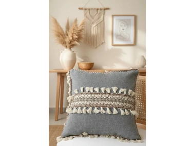 Antrasit Şeritli Ponponlu Kırlent Kırlent Kılıfı(43x43)