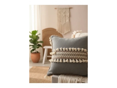 Antrasit Şeritli Ponponlu Kırlent Kırlent Kılıfı(43x43)