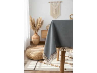 Premium Keten Füme Renk Kahverengi Şeritli Ponponlu Masa Örtüsü