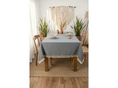 Premium Keten Füme Renk Kahverengi Şeritli Ponponlu Masa Örtüsü
