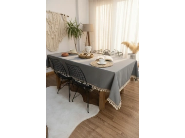 Premium Keten Füme Renk Kahverengi Şeritli Ponponlu Masa Örtüsü