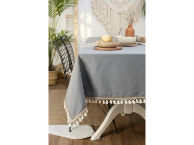 Premium Keten Füme Renk Kahverengi Şeritli Ponponlu Masa Örtüsü