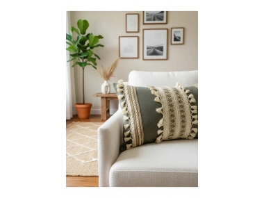 Gri Keten Üçlü Kahverengi Dantelli Kırlent Kırlent Kılıfı