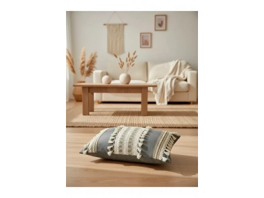 Gri Keten Üçlü Kahverengi Dantelli Kırlent Kırlent Kılıfı