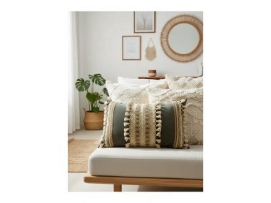 Gri Keten Üçlü Kahverengi Dantelli Kırlent Kırlent Kılıfı