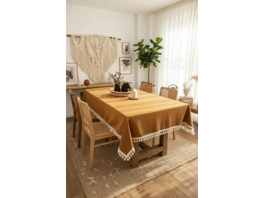 Kiremit Tarçın Renk Keten Ham Ponponlu Masa Örtüsü