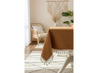 Kiremit Tarçın Renk Keten Ham Ponponlu Masa Örtüsü