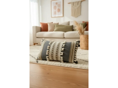 Gri Keten Üçlü Kahverengi Dantelli Kırlent Kırlent Kılıfı