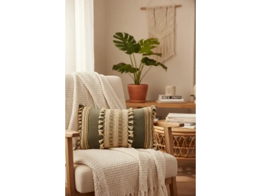 Gri Keten Üçlü Kahverengi Dantelli Kırlent Kırlent Kılıfı