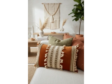 Kiremit Rengi Üçlü Kahve Dantelli Kırlent Kırlent Kılıfı