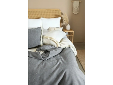 Çift Renkli Püsküllü (Antrasit - Krem) Keten Tek Kişilik Nevresim Takımı