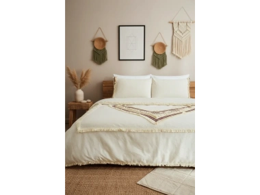 Beyaz Pamuk Keten Renkli Püsküllü Tek Kişilik Nevresim Takımı