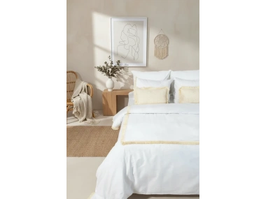 Beyaz Pamuk Keten Kare Püsküllü Tek Kişilik Nevresim Takımı