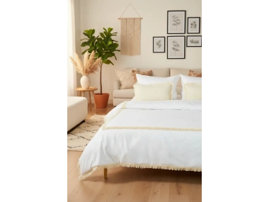 Beyaz Pamuk Keten Kare Püsküllü Tek Kişilik Nevresim Takımı