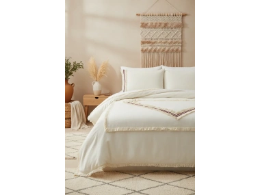 Beyaz Pamuk Keten Renkli Püsküllü Tek Kişilik Nevresim Takımı