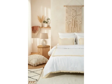 Beyaz Pamuk Keten Kare Püsküllü Tek Kişilik Nevresim Takımı