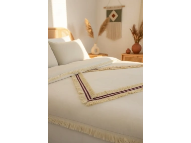 Beyaz Pamuk Keten Renkli Püsküllü Tek Kişilik Nevresim Takımı