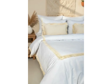 Beyaz Pamuk Keten Kare Püsküllü Çift Kişilik Nevresim Takımı