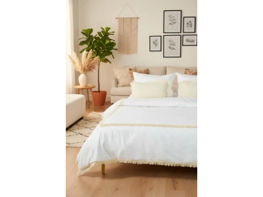 Beyaz Pamuk Keten Kare Püsküllü Çift Kişilik Nevresim Takımı