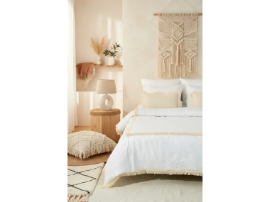 Beyaz Pamuk Keten Kare Püsküllü Çift Kişilik Nevresim Takımı