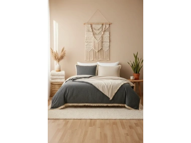 Çift Renkli Püsküllü (Antrasit - Krem) Keten Çift Kişilik Nevresim Takımı