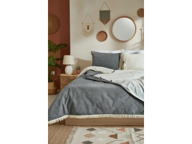 Çift Renkli Püsküllü (Antrasit - Krem) Keten Çift Kişilik Nevresim Takımı