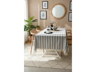 Gri Çizgili HAM Ponponlu Masa Örtüsü