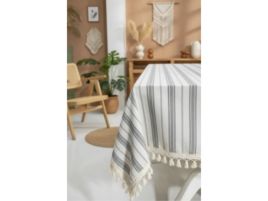 Gri Çizgili HAM Ponponlu Masa Örtüsü