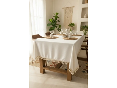 Beyaz Keten Ham Ponponlu Masa Örtüsü