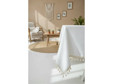 Beyaz Keten Ham Ponponlu Masa Örtüsü