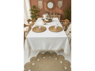 Beyaz Keten Ham Ponponlu Masa Örtüsü