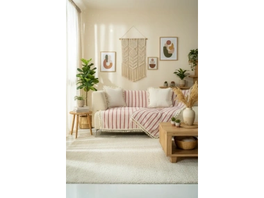 Bordo Çizgili Ham Ponponlu Otantik Koltuk Örtüsü Koltuk Şalı