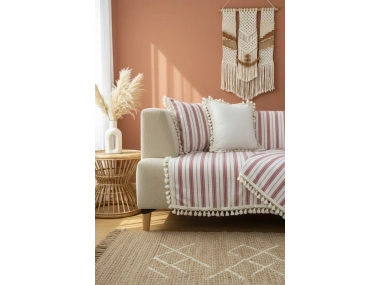 Bordo Çizgili Ham Ponponlu Otantik Koltuk Örtüsü Koltuk Şalı