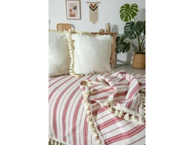 Bordo Çizgili Ham Ponponlu Otantik Koltuk Örtüsü Koltuk Şalı