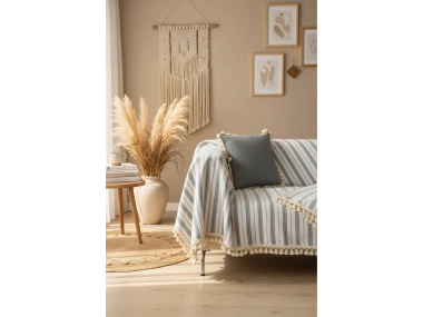 Gri Çizgili Otantik Keten Koltuk Örtüsü