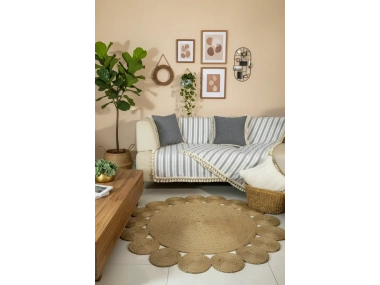 Gri Çizgili Otantik Keten Koltuk Örtüsü