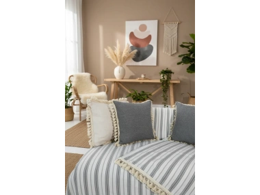 Gri Çizgili Otantik Keten Koltuk Örtüsü