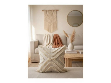 Ham Keten Çoklu Püsküllü Kare Kırlent Kırlent Kılıfı 43x43