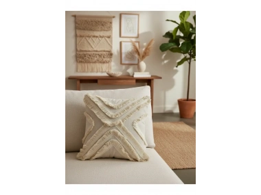 Ham Keten Çoklu Püsküllü Kare Kırlent Kırlent Kılıfı 43x43