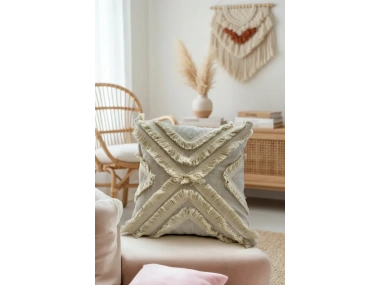 Ham Keten Çoklu Püsküllü Kare Kırlent Kırlent Kılıfı 43x43