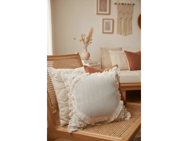 Ham Keten Baklava Mozaik Püsküllü Kırlent Kırlent Kılıfı 35x55