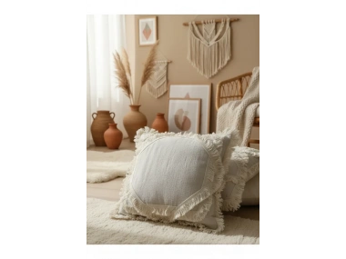 Ham Keten Baklava Mozaik Püsküllü Kırlent Kırlent Kılıfı 35x55