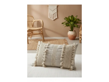 Ham Keten Üç Dantelli Ponponlu Kırlent Kırlent Kılıfı