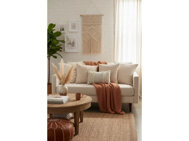 Ham Keten Üç Dantelli Ponponlu Kırlent Kırlent Kılıfı