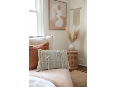 Ham Keten Üç Dantelli Ponponlu Kırlent Kırlent Kılıfı