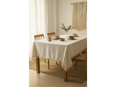 DESENLİ Krem Ponponlu Masa Örtüsü
