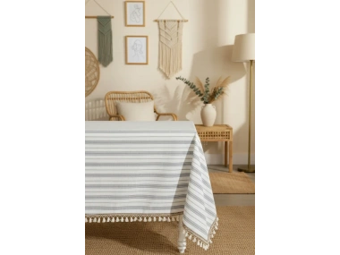 Çizgili Gri Şeritli Ponponlu Masa Örtüsü